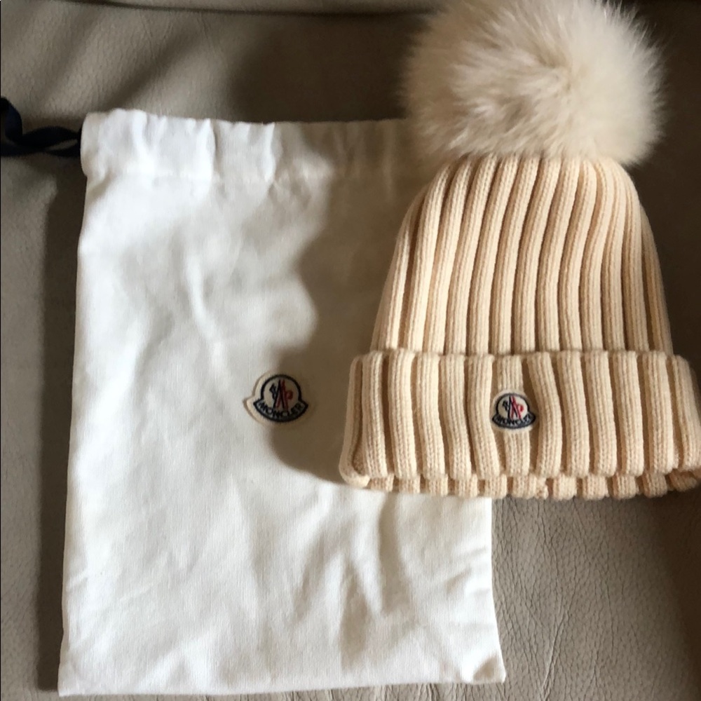 Moncler Beige Knit Beanie with Pom Pom